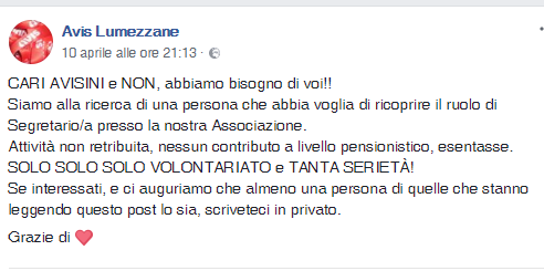 Cercasi nuovo segretario/a all’Avis di Lumezzane
