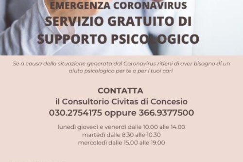 CORONAVIRUS: CIVITAS ATTIVA UN SERVIZIO GRATUITO DI SUPPORTO  PSICOLOGICO